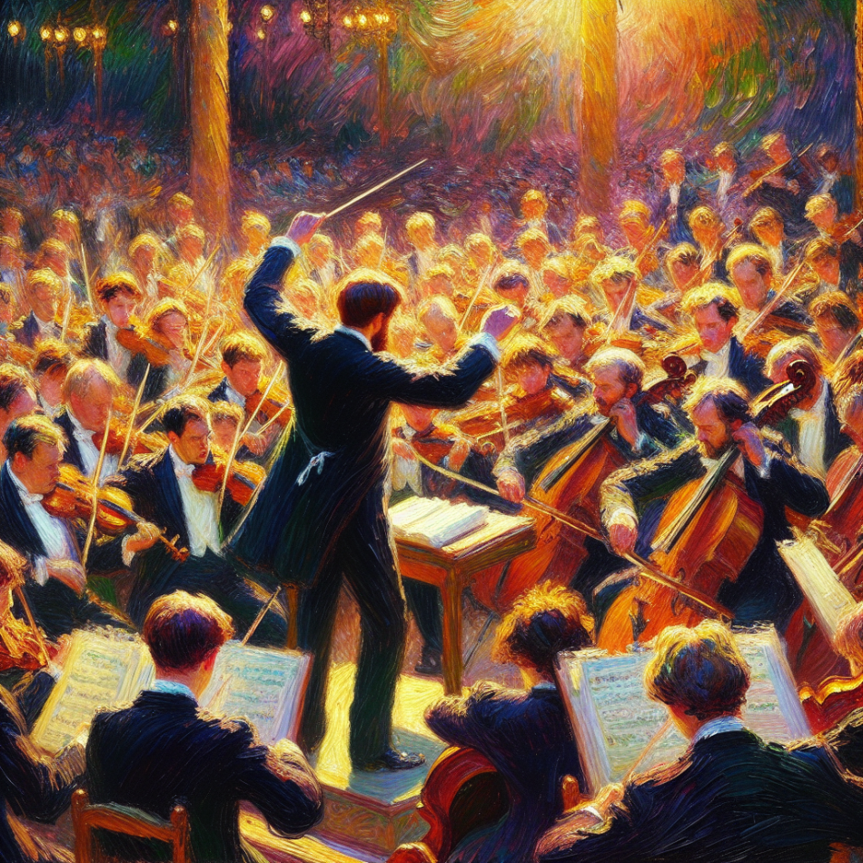 Orchestra conductor leading ensemble with glowing instruments in warm, atmospheric concert performance.
