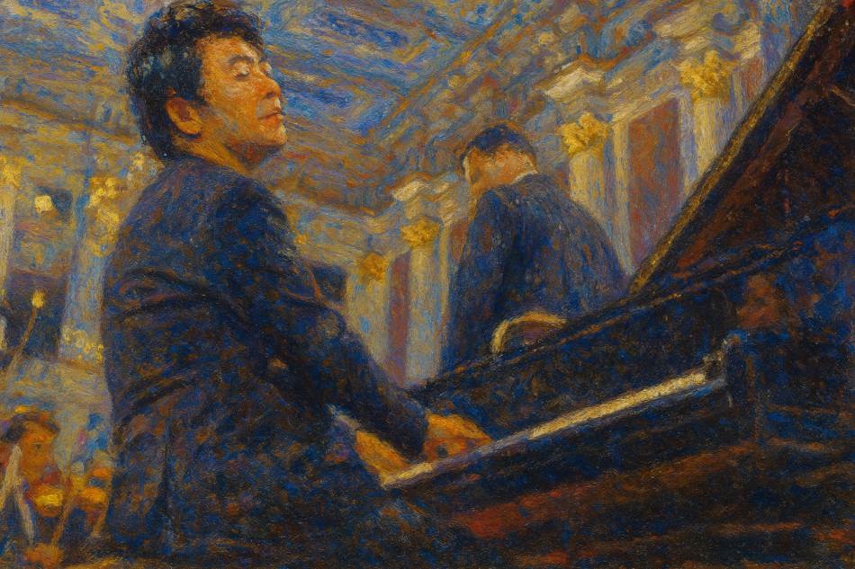 Pianist Lang Lang performing at grand piano with golden ceiling backdrop and audience.