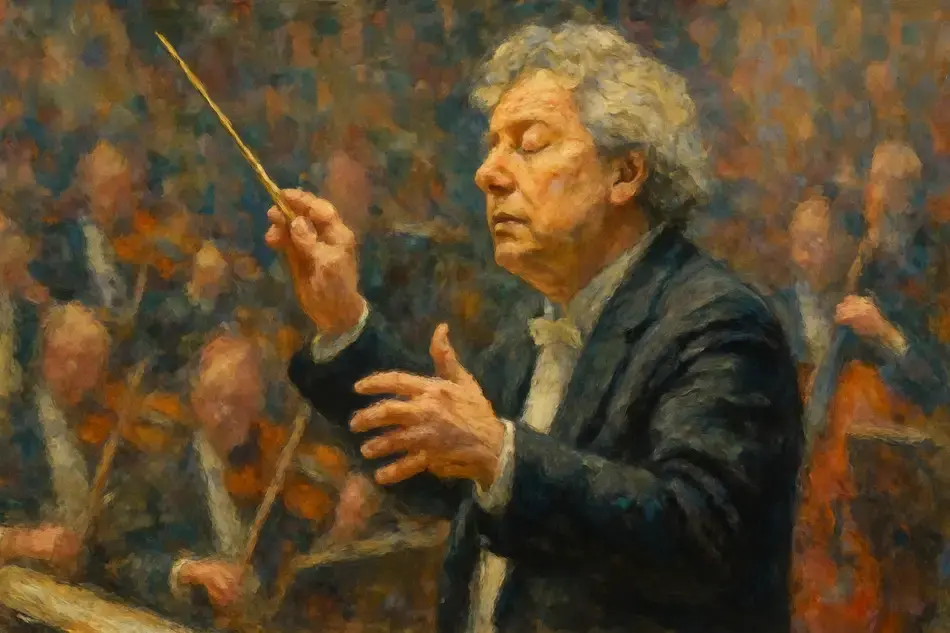 Conductor with baton leading orchestra, gesturing expressively during musical performance.