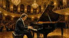 Pianist in formal attire performing at grand piano in ornate concert hall with chandeliers and audience.