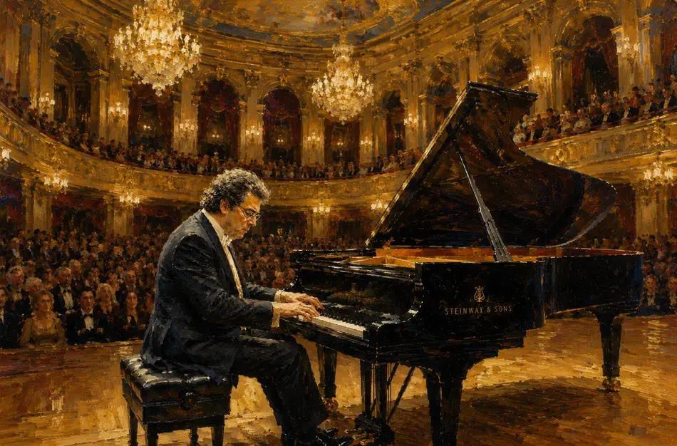 Pianist in formal attire performing at grand piano in ornate concert hall with chandeliers and audience.