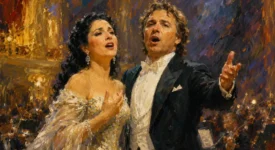 Two opera singers in formal attire performing an emotional duet scene with dramatic golden and blue brushwork background.