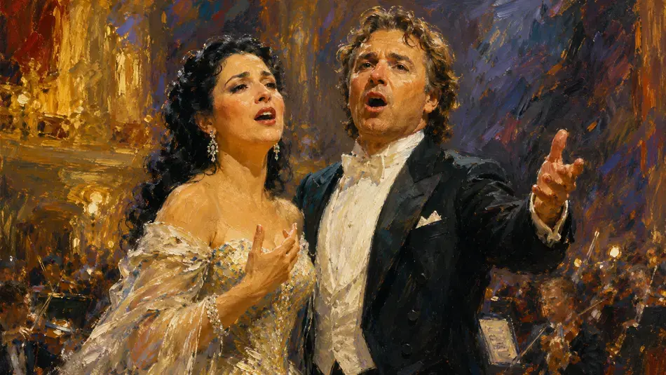 Two opera singers in formal attire performing an emotional duet scene with dramatic golden and blue brushwork background.