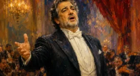 Opera conductor in formal tuxedo performing passionately with expressive gesture before audience.