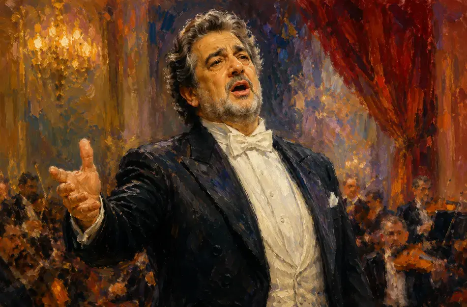Opera conductor in formal tuxedo performing passionately with expressive gesture before audience.