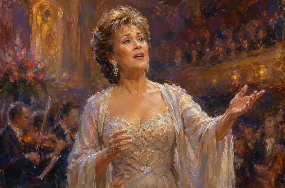 Elegant woman in shimmering gown singing expressively in ornate golden hall with orchestra.