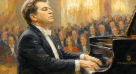 Classical pianist in formal attire performing at grand piano before golden-lit concert hall audience.