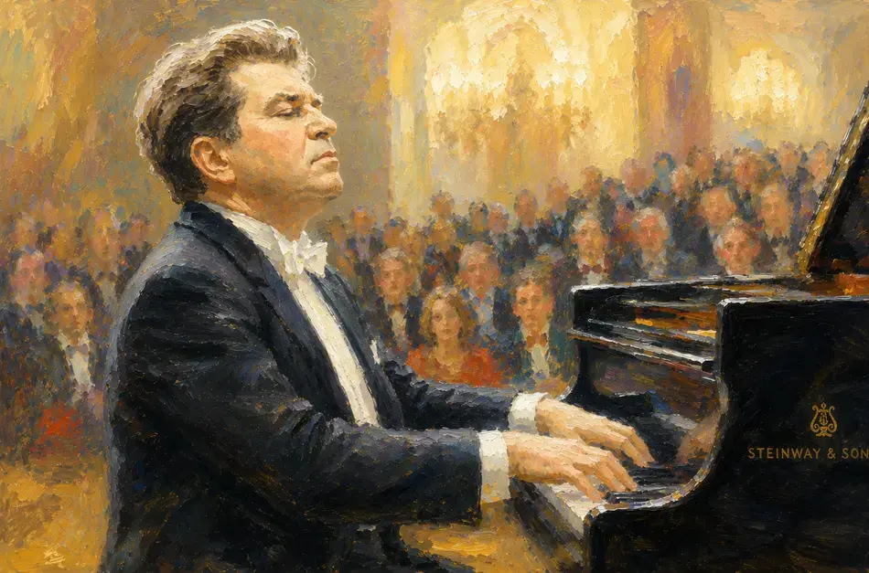 Classical pianist in formal attire performing at grand piano before golden-lit concert hall audience.