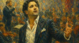 Male opera singer performing Carmen's Flower Song, wearing dark jacket and white shirt against ornate gold and blue backdrop.