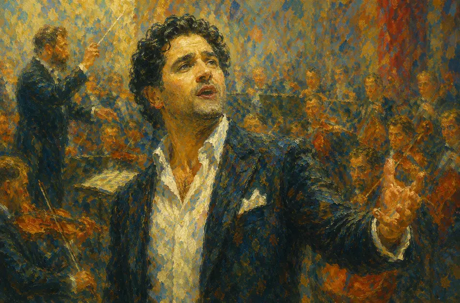 Male opera singer performing Carmen's Flower Song, wearing dark jacket and white shirt against ornate gold and blue backdrop.