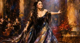 Woman in elaborate dark gown performing expressively in ornate theatrical setting with audience.