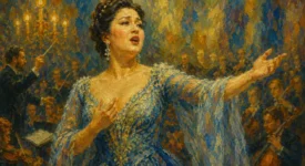 Opera singer in ornate blue and gold costume performing dramatic scene with audience in background.