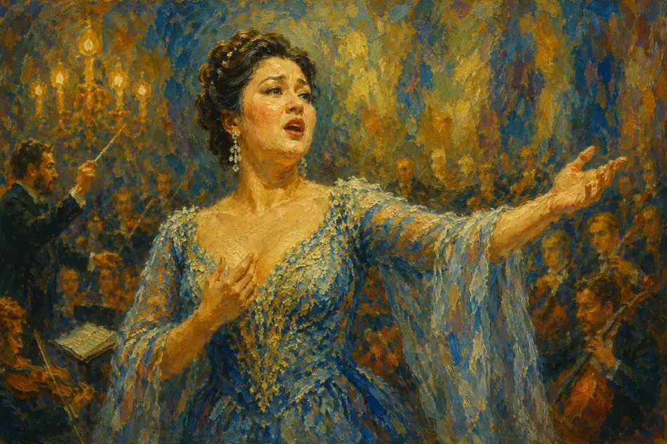 Opera singer in ornate blue and gold costume performing dramatic scene with audience in background.