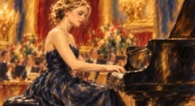 Elegant woman in black dress playing grand piano in ornate gold and red concert hall interior.