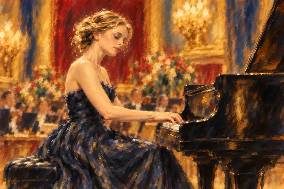 Elegant woman in black dress playing grand piano in ornate gold and red concert hall interior.