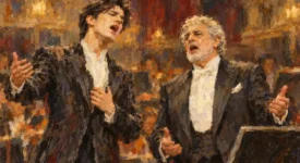 Two opera singers in formal black tuxedos performing expressively with gestures against warm, textured backdrop.