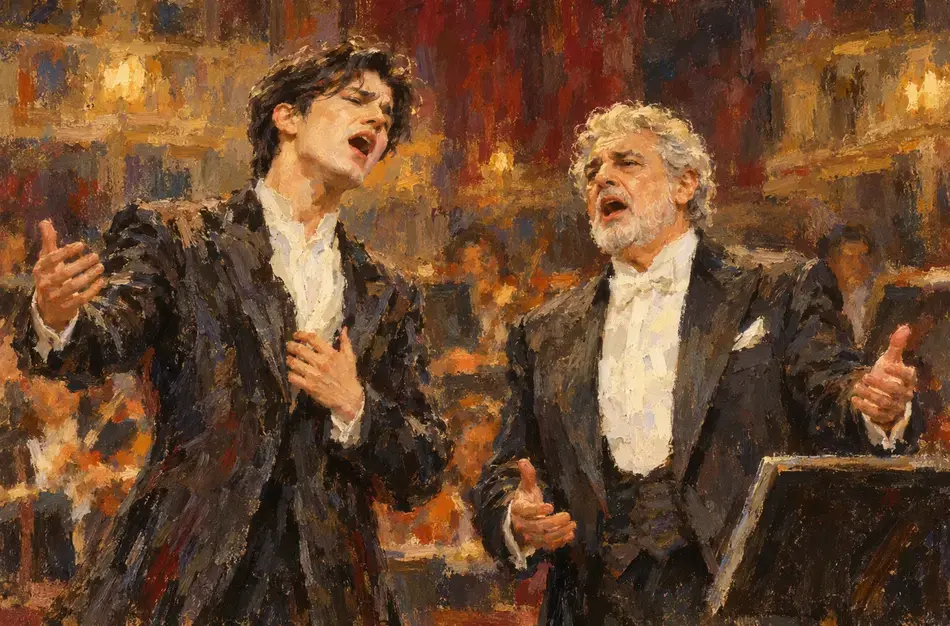 Two opera singers in formal black tuxedos performing expressively with gestures against warm, textured backdrop.